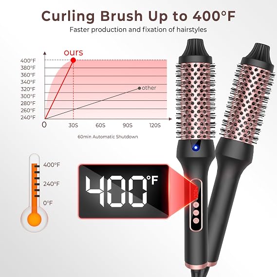 Thermal Brush 1.5'', Upgrade to 400F Curling Iron Curling Brush, 9 Temps Heated Round Brush Thermal Round Brush with LCD Display, 2 PTC Ceramic Tourmaline Ionic Hair Curler Hair Styling Tools