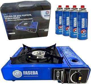 Hornillo camping gas portatil y 4 cartuchos de gas butano BTN 250 FASEBA. Cocina homologada, ideal para camping y uso en exteriores.
