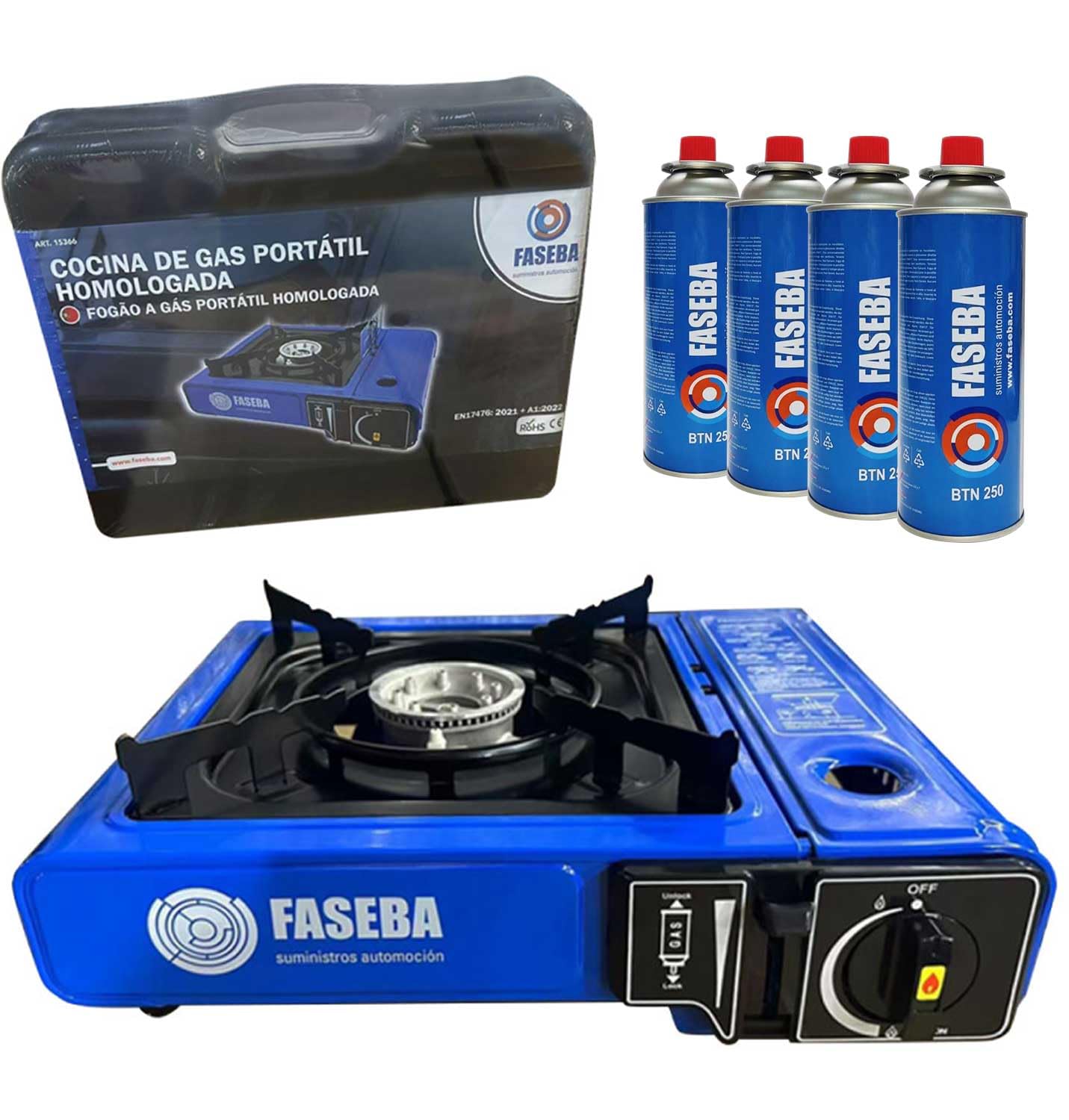Hornillo camping gas portatil y 4 cartuchos de gas butano BTN 250 FASEBA. Cocina homologada, ideal para camping y uso en exteriores.