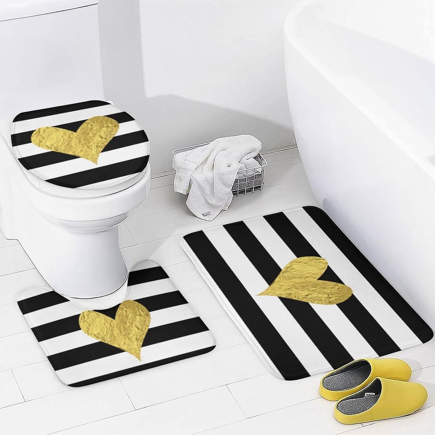 4Pcs Gold Foil Heart Shower Curtain Sets, Bathroom Set Decor with Non-Slip Bath Mat, Toilet Lid Rug and Contour Mat, 72 x 72inch