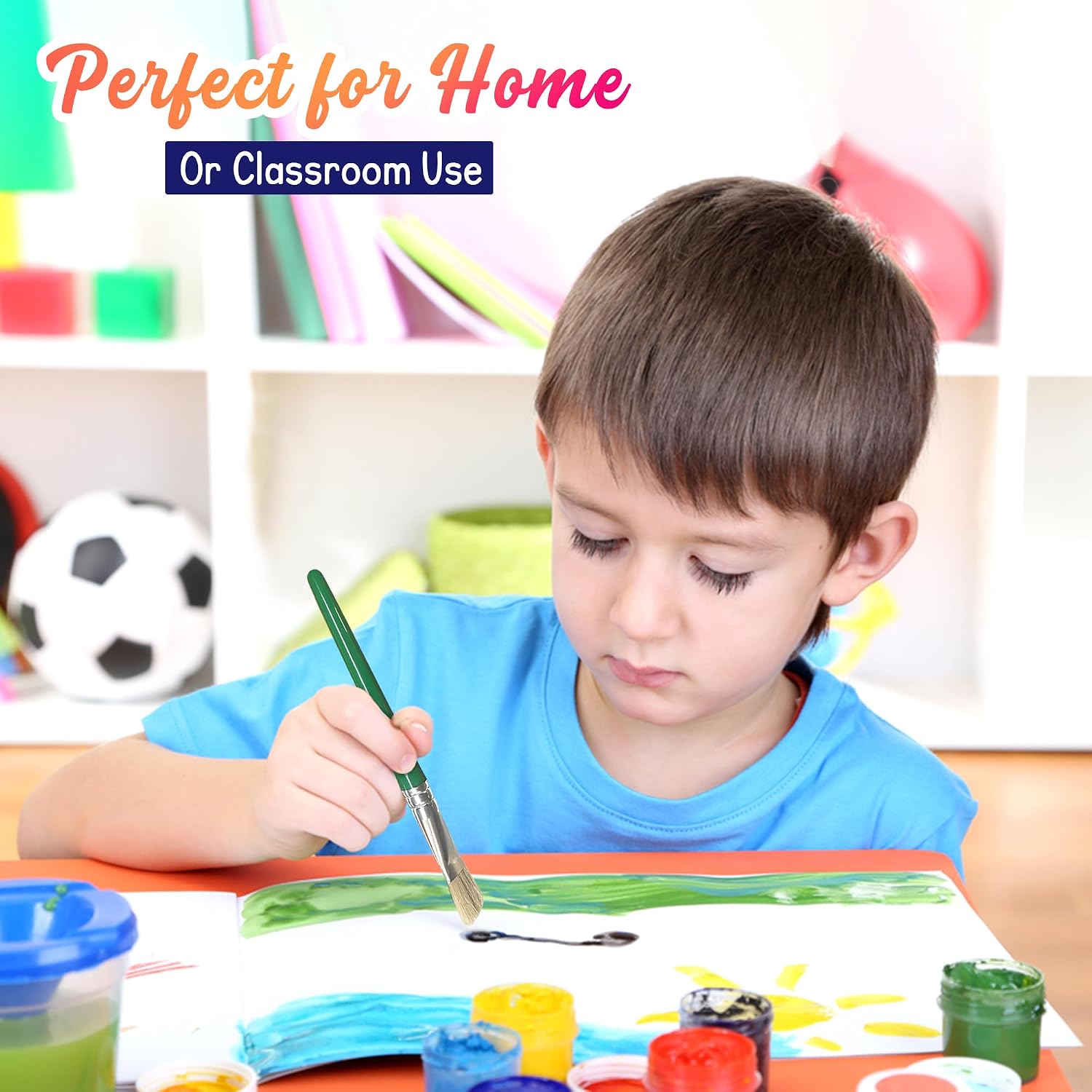 4E's Novelty 12Pcs Kids Paint Brushes, Thick Round & Flat Paint Tools for Kids Arts & Crafts, Preschool Toddler Paint Brush for Acrylic Paint, Teachers Classroom Supplies