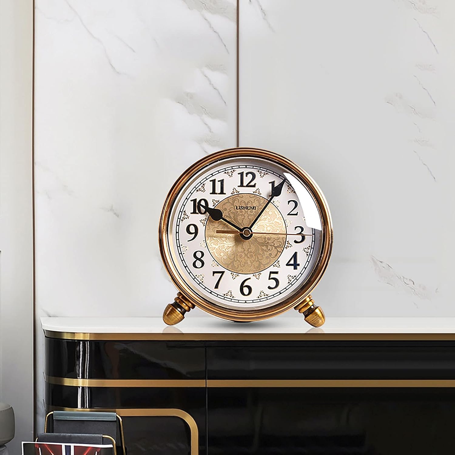 Mantel Clock Vintage Metal Table Desk Clock Round Retro Old-Fashioned Table Decorations for Living Room Office Desk Shelf Bookshelf Decor Gift
