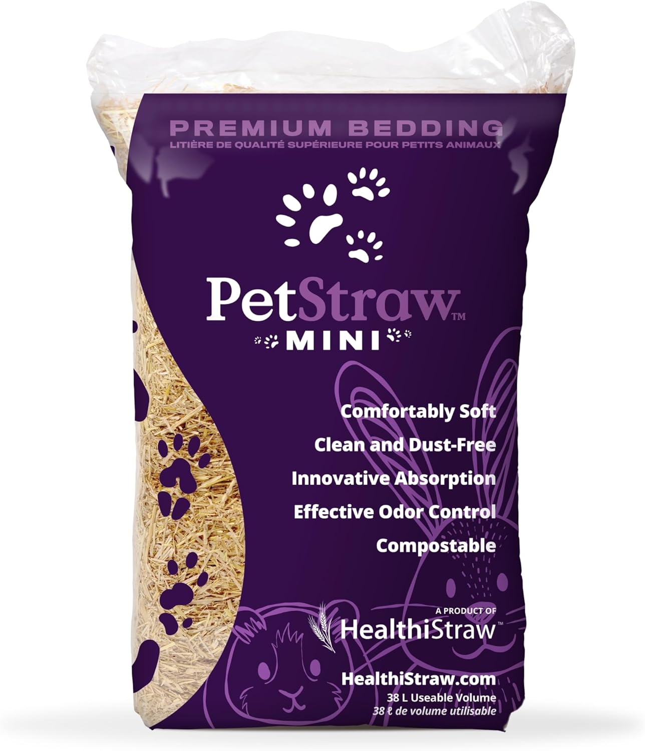 HealthiStraw PetStraw Mini, 38 L (4 lbs) – All-Natural Multi-Length Wheat Straw Animal Bedding for Small Pets -Ideal for Tunneling and Burrowing, Soft - Sustainably Sourced