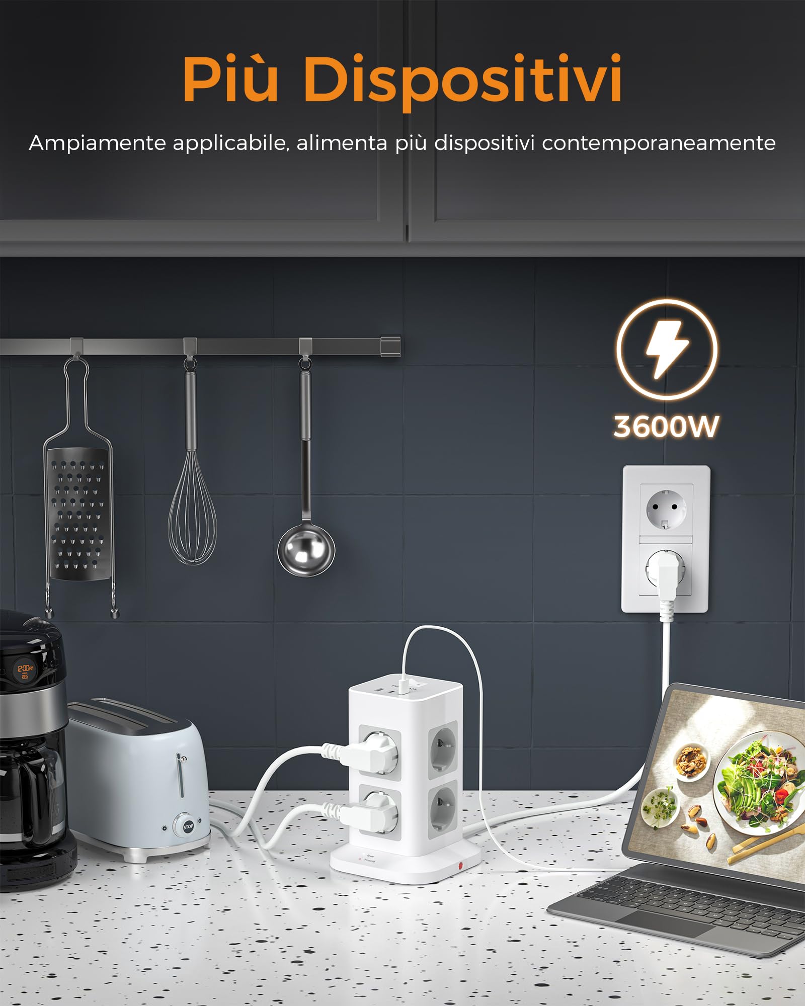 TESSAN Ciabatta Multipresa con USB C e 8 Prese, Presa Multipla Protezione Sovratensione 1700J, Torretta Multipresa 3600W con Interruttore, Ciabatta Elettrica 2 Metri