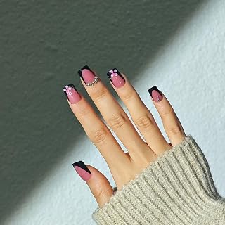 Short Press on Nails Square Fake Nails Black Artificial Nail with Pink Flowers Designs Acrylic Press Ons Cute Stick on Nail for Women 24pcs