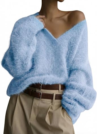 Womens Fuzzy Sweater Oversized V Neck Sweaters Cozy Soft Knit Fluffy Pullover Loose Jumper Top