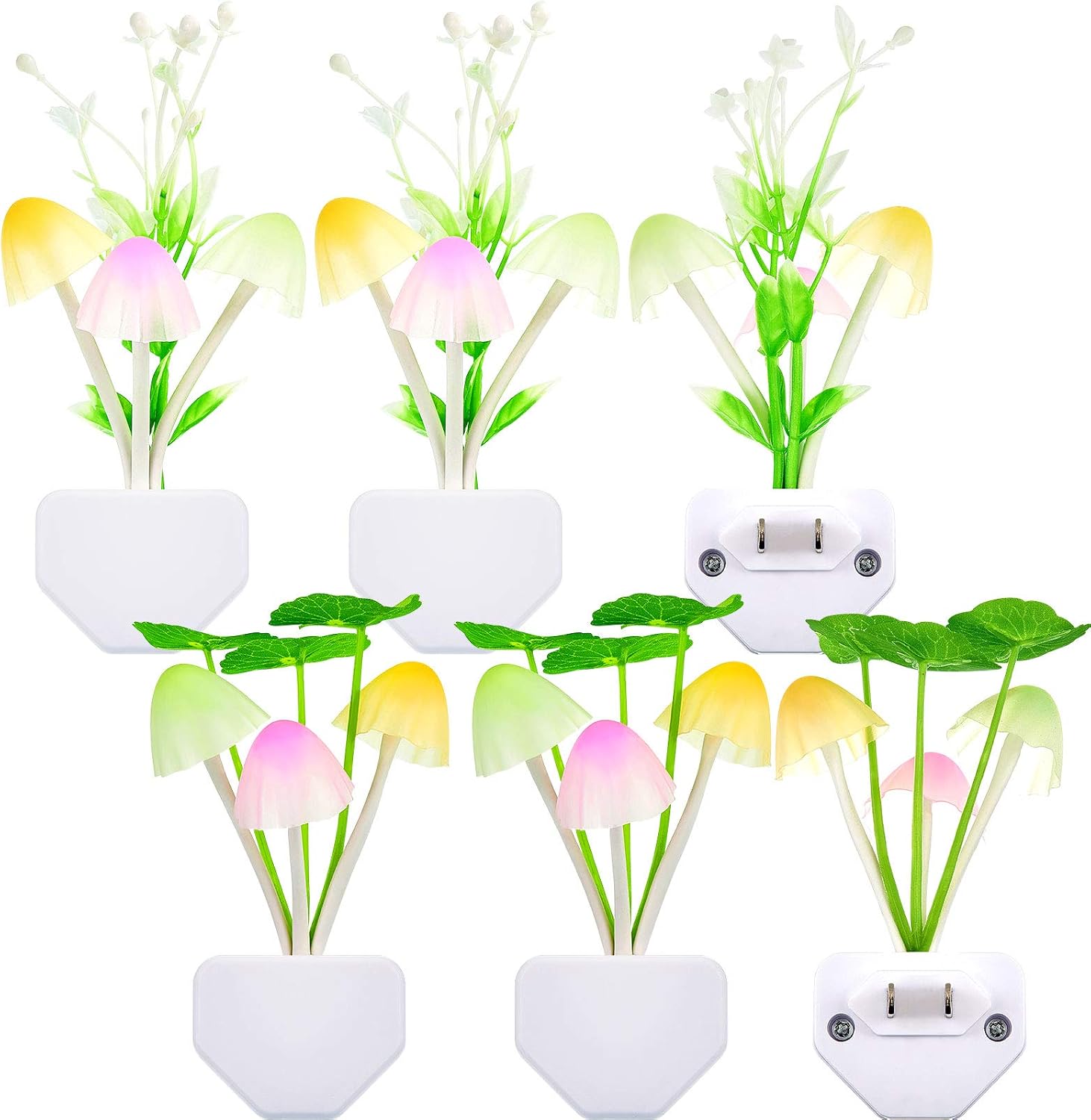 6 Pcs Mushroom Night Lights 7 Color Change Plug Light Sensor Wall Lamp, LED Night Lights Mini Magic Mushroom Night Lights Sensor Wall Lamp for Kids Adult (Water Plants, Lotus Leaves)