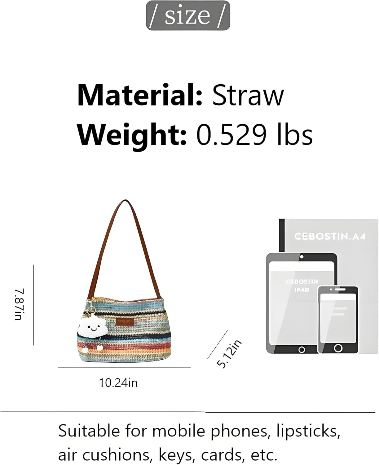 Straw Bags For Women，Travel Straw Totes Bag Woven Summer Handmade Shoulder Bag Handbag，With cartoon pendant