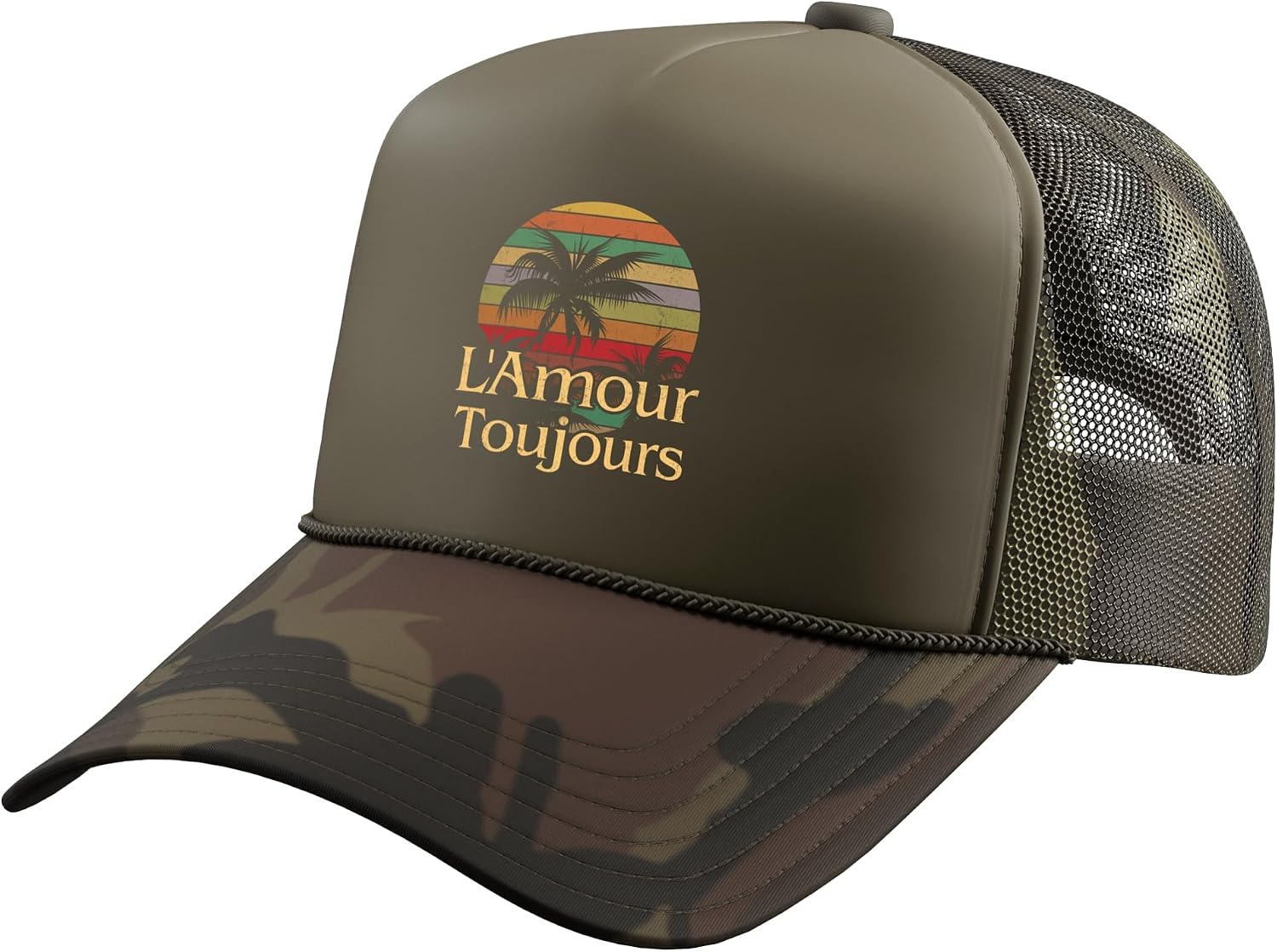 L'Amour Toujours, Love, Always Trucker Hat with Adjustable Mesh Back