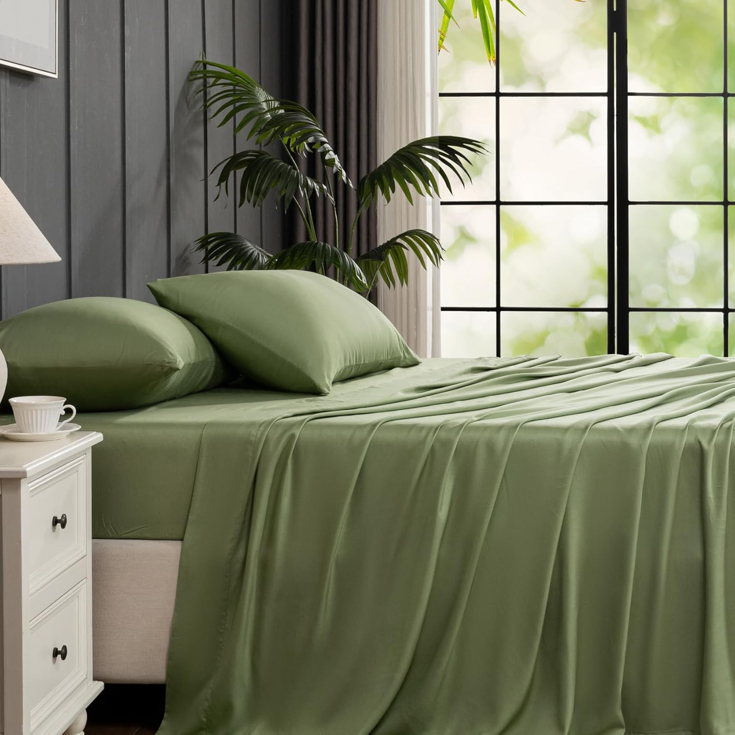 Yibeizi Olive Green 100% Viscose Derived from Bamboo Sheet Set King Size, 4 Pieces Cooling Silky Bed Sheets for Hot Sleeper, Luxury Soft Deep Pocket Fitted Bedsheets