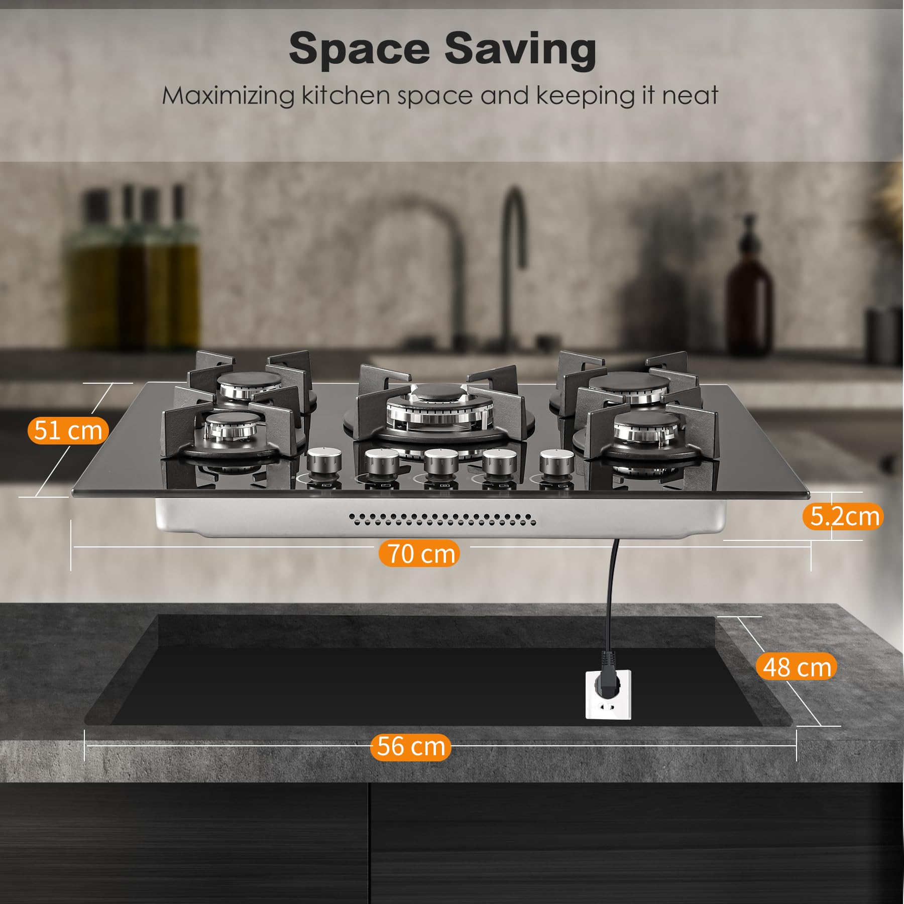 SNDOAS Plaque de Cuisson Gaz 5 Feux 70cm 10400W En Verre Trempé Noir, Conversion Gaz Naturel/Propane, Arrêt Auto