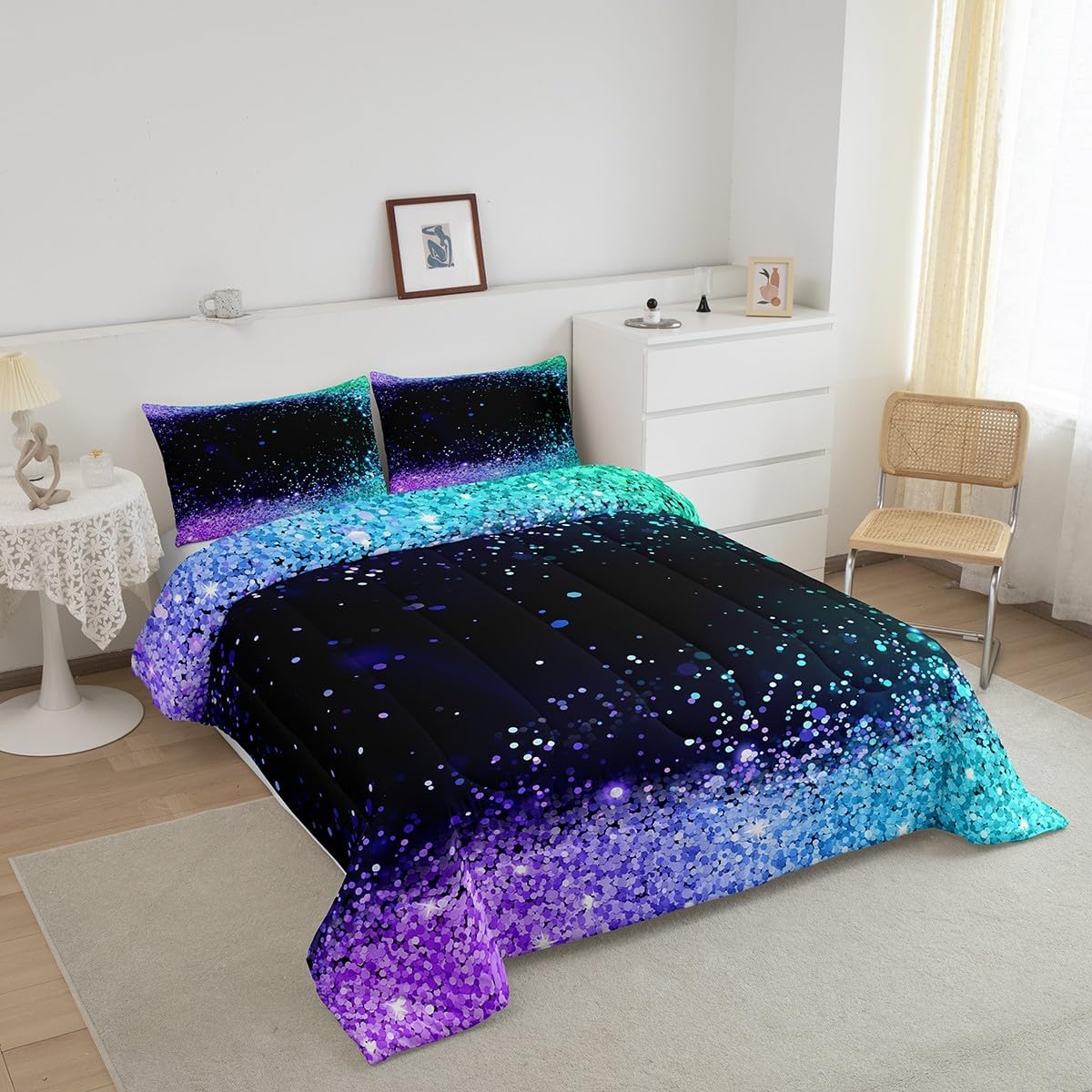 Manfei Glitter Print Comforter Set King Size, Purple Blue Sequins Print Bedding Set for Kids Girls Adults, Fashion Sparkling Down Comforter, Lightweight Duvet Insert,2 Pillowcases