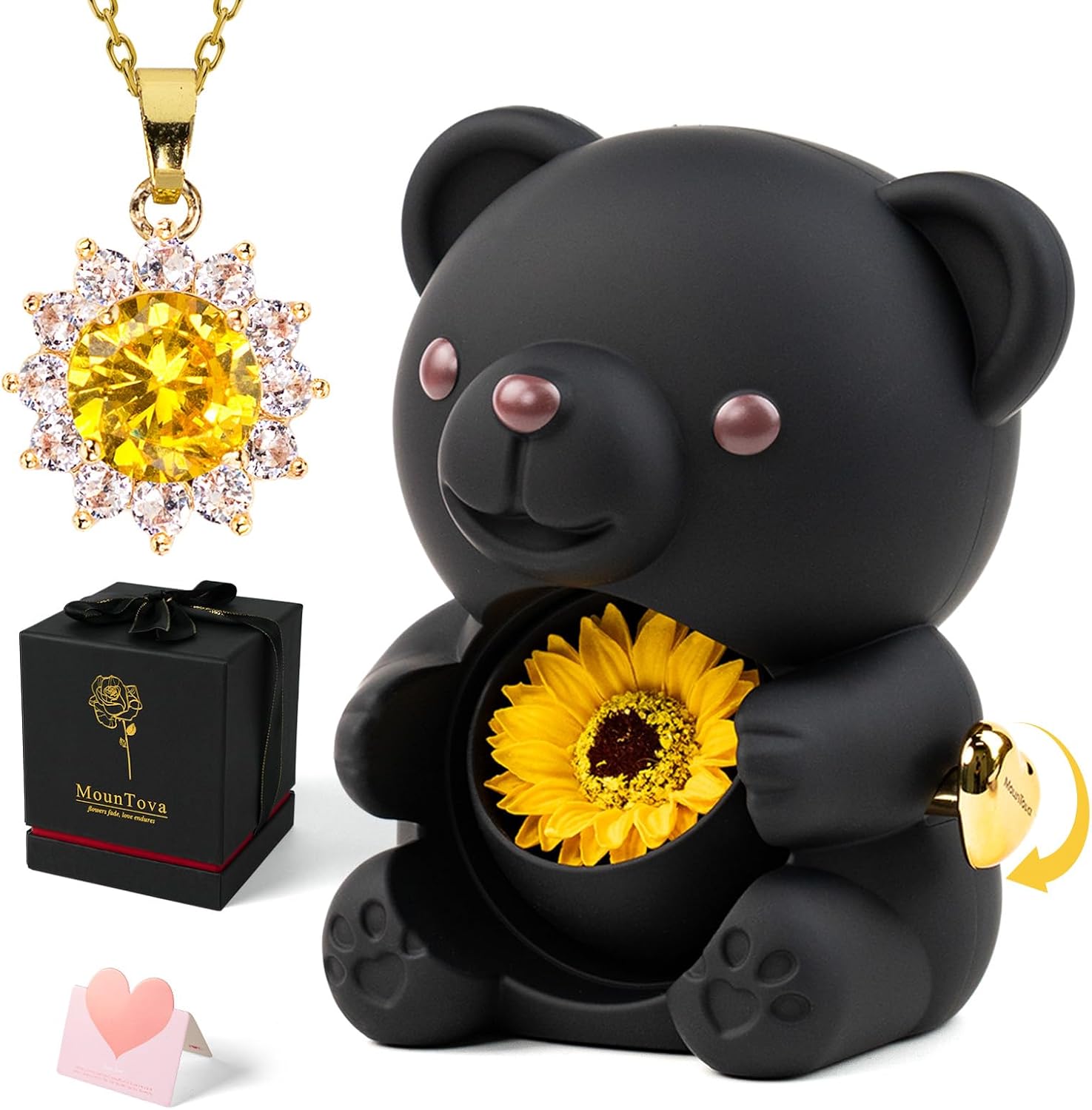 Gift for Her Lucky Bear with Sunflower, Sunflower Bear in Elegant Gift Box with Necklace for Women, Bear Gifts for Mother's Day Valentine's Day Anniversary Weddings Birthday,Christmas, Black