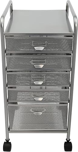 Miniatura 4 de TrueyEssence Archivador rodante con 5 cajones, organizador de almacenamiento de archivos, organizador de carrito de malla plateada con ruedas,