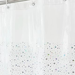 Riyidecor PEVA Thin Clear Shower Curtain Liner,Weighted Magnet,Plastic Holographic Glitter Star Premium Lighweight Water Repellent Rust Proof Grommet for Bathroom Waterproof 12 Pack Hooks 72Wx72H Inch