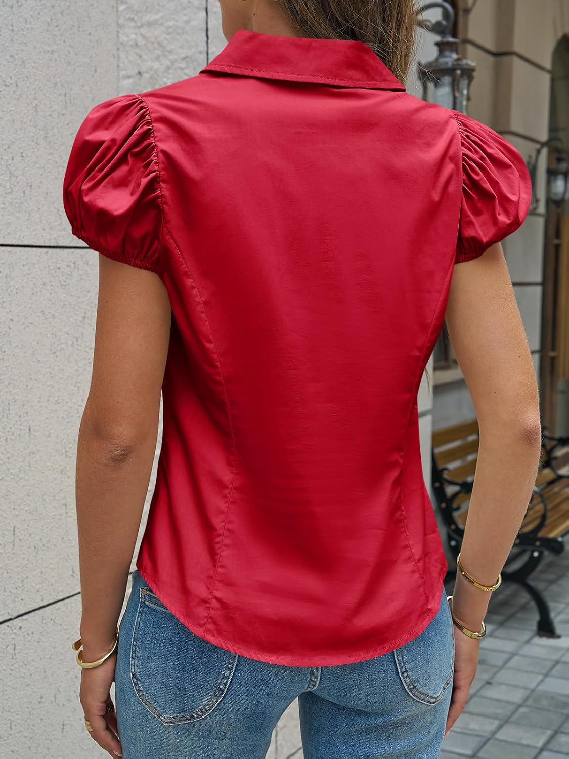 Cicy Bell Womens Short Puff Sleeve Button Down Shirts Summer V Neck Ruched Cotton Tops Casual Dressy Slim Fit Blouses - Image 4