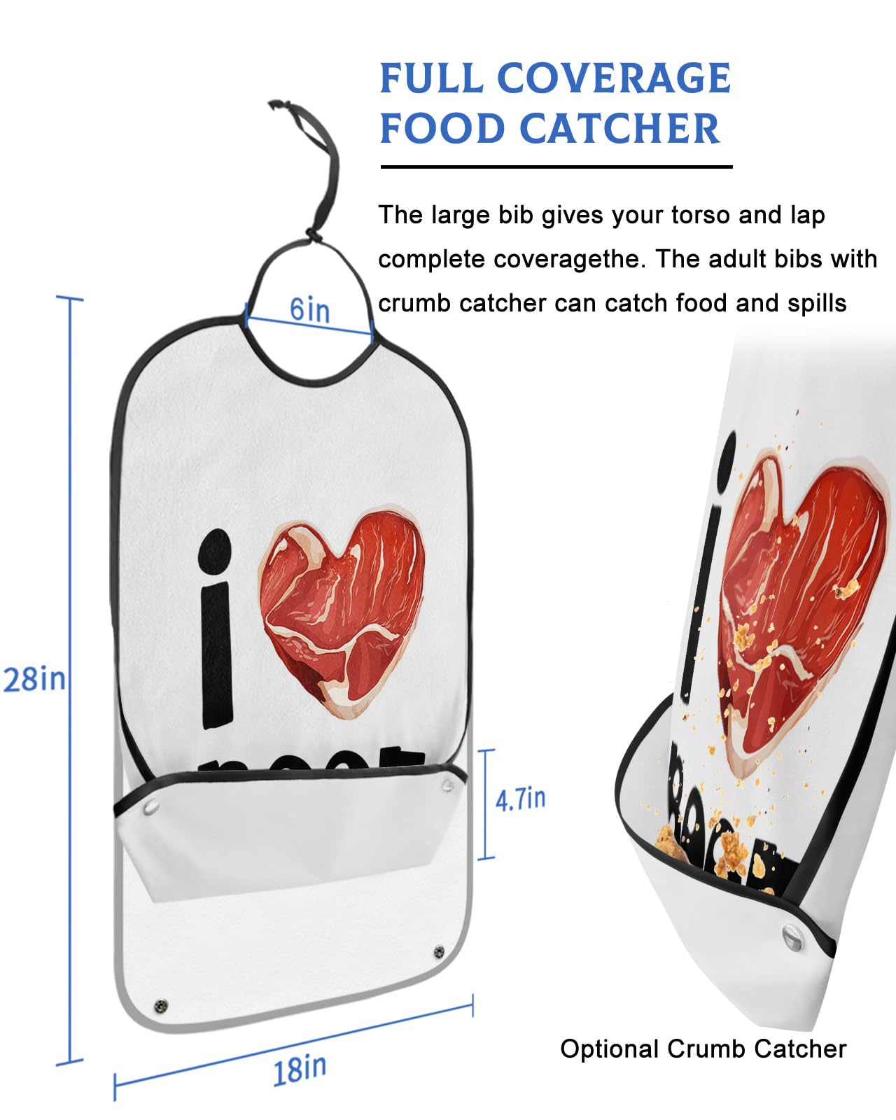 Valentines Love Heart Adult Bibs for Eating, Waterproof Bibs with Food Catcher & Adjustable Snap Closure, I Love Beer White Backdrop Washable Clothing Protectors Adult Bibs for Elderly Women/Men