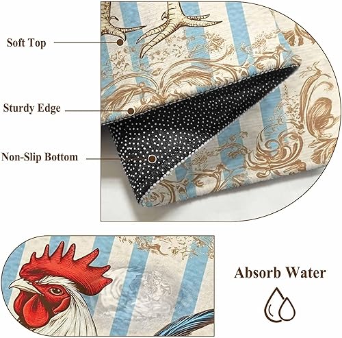 Miniatura 7 de 8ft Round Rug, Retro Rooster Non-Skid Rubber Backing Large Area Rugs - Living Room Bedroom Home Office, Striped Farmhouse Animals Watercolor Indoor