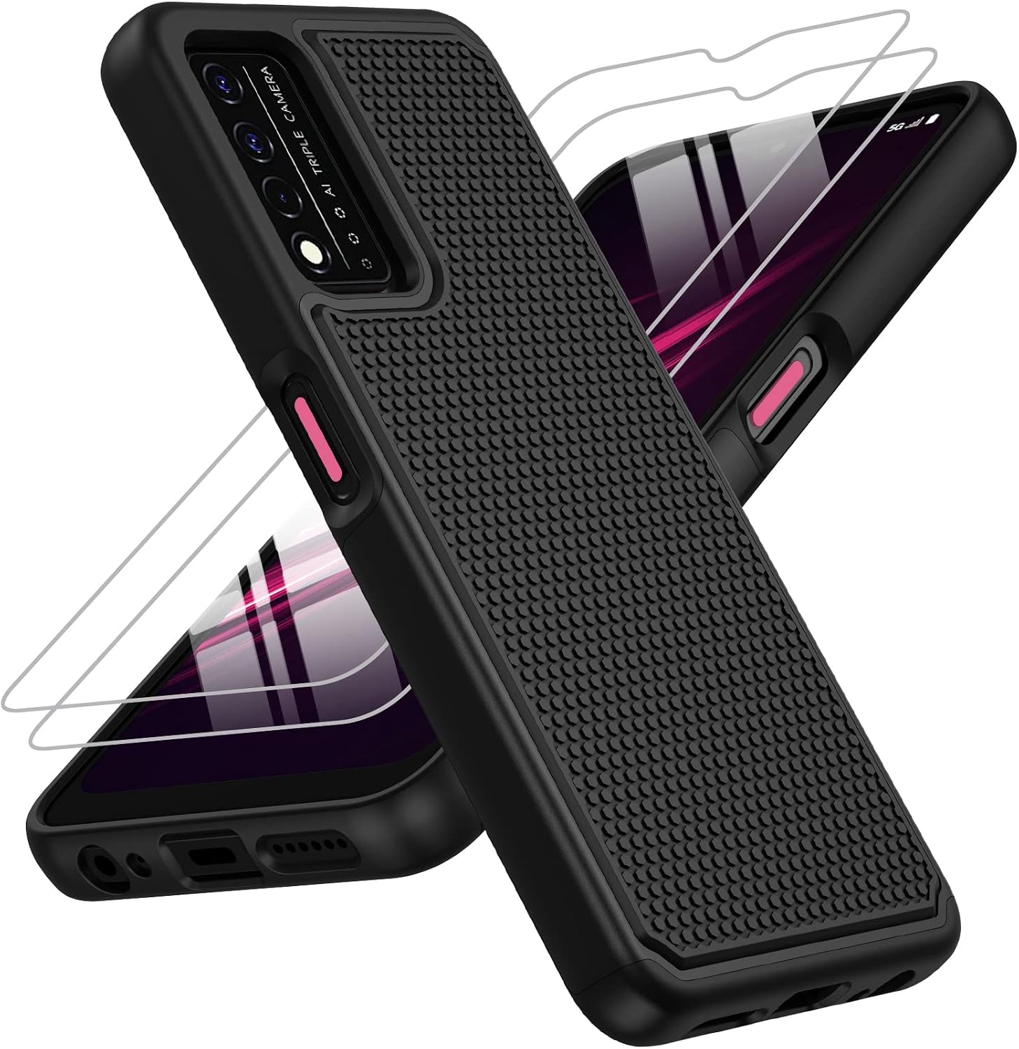 JXVM for T-Mobile REVVL V+ 5G Case: Dual Layer Protective Heavy Duty Cell Phone Cover Shockproof Rugged with Non Slip Textured Back - Military Protection Bumper - 6.82inch (Black Black)