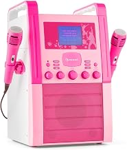 AUNA KA8P-V2 Karaoke System, 3.5 Inch TFT Display, 2 x Dynamic Microphones, Built-in Speaker, Video Output, CD, CD+G, MP3, AUX Input, Candy Pink