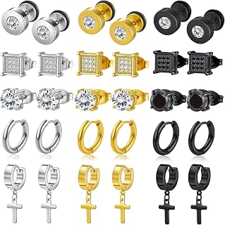 15 Pairs Stainless Steel Earrings for Men Women Hypoallergenic Inlaid Cubic Zirconia Studs Hoop Earring Cross Dangle Earrings Set, Fashion Ear Piercing Jewelry Gift