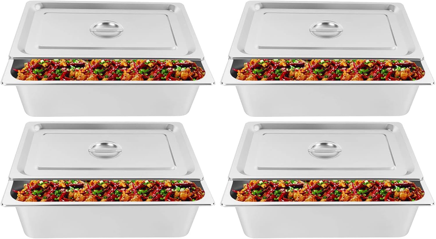 4 Pack Hotel Pan 5.9-Inch Deep Steam Table Pan with Lid 21.26" L x 12.6" W Hotel Pans Stainless Steel Pans Restaurant and Commercial Steam Tables