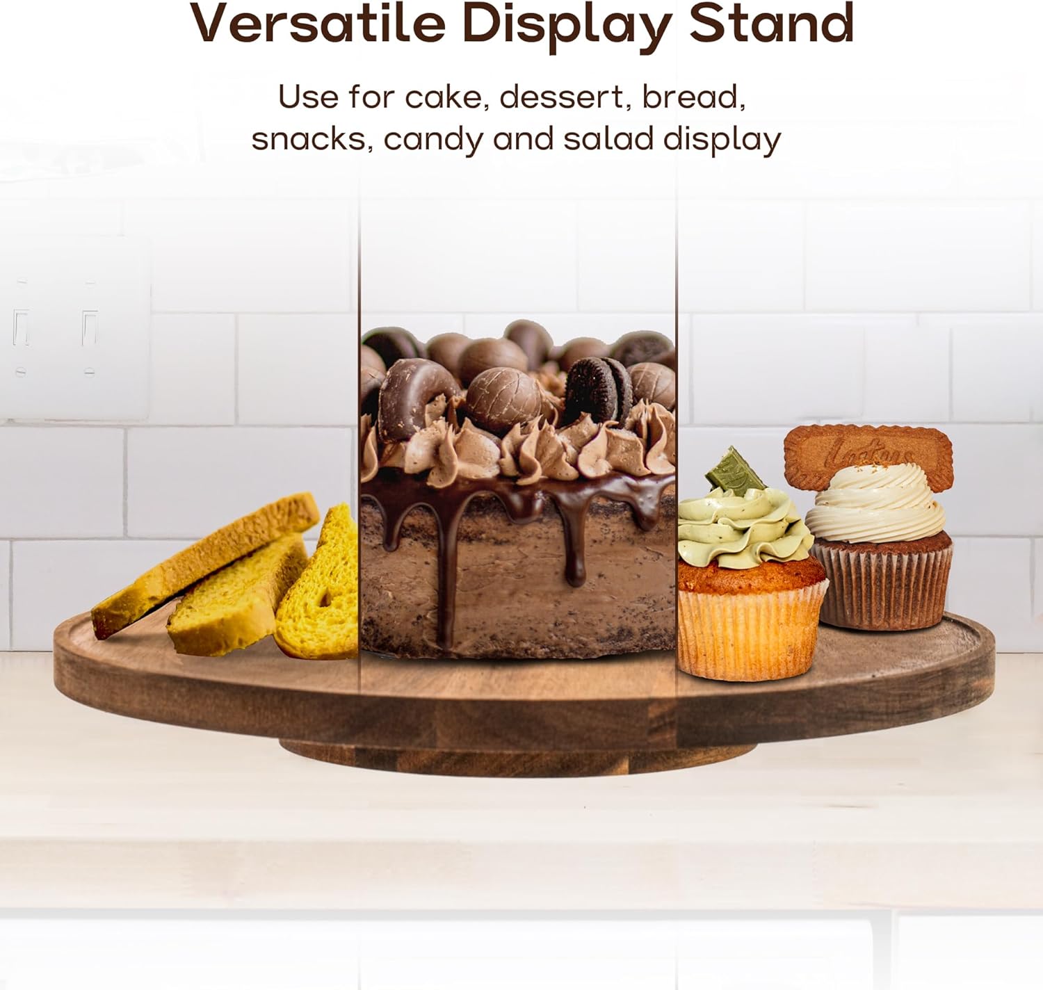 NWK Rotating Cake Stand with Acrylic Dome 11 Inch Acacia Wood Cake Turntable with clear cover for Birthday, Wedding, Party.