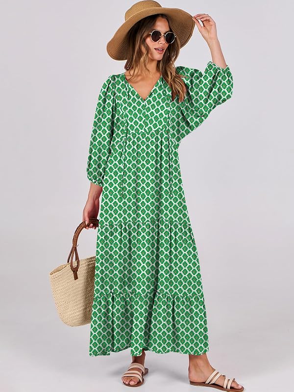 ANRABESS Womens Boho Floral 3/4 Puff Sleeve Maxi Dress Light Green XL by ANRABESS - Used condition - Image 2
