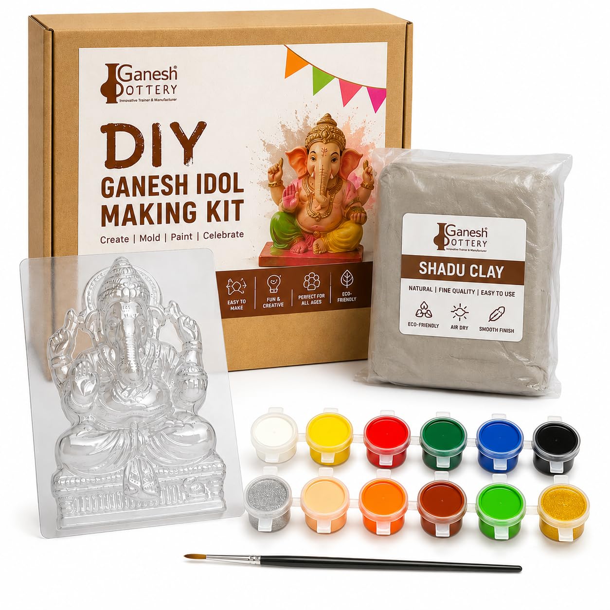 DIY Ganesha Making Kit | Shadu Clay Idol Making Kit with Reusable PET Mould, 12 Paint Colours & Brush | Eco-Friendly Ganesh Chaturthi Craft Kit-image-30