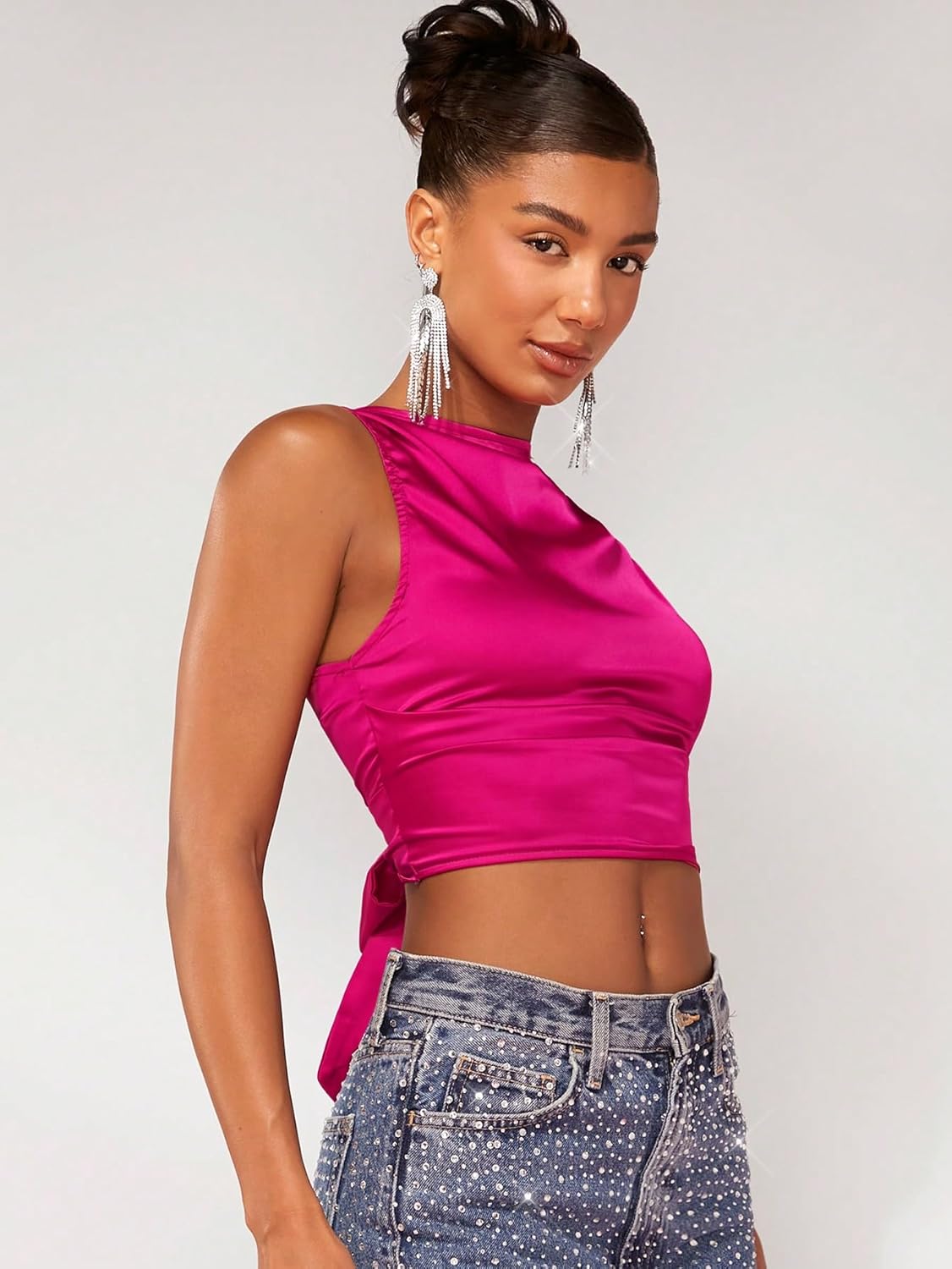 WDIRARA Women's Satin Crop Top Tie Back Backless Sleeveless Ruched Party Blouse Tops - Image 5