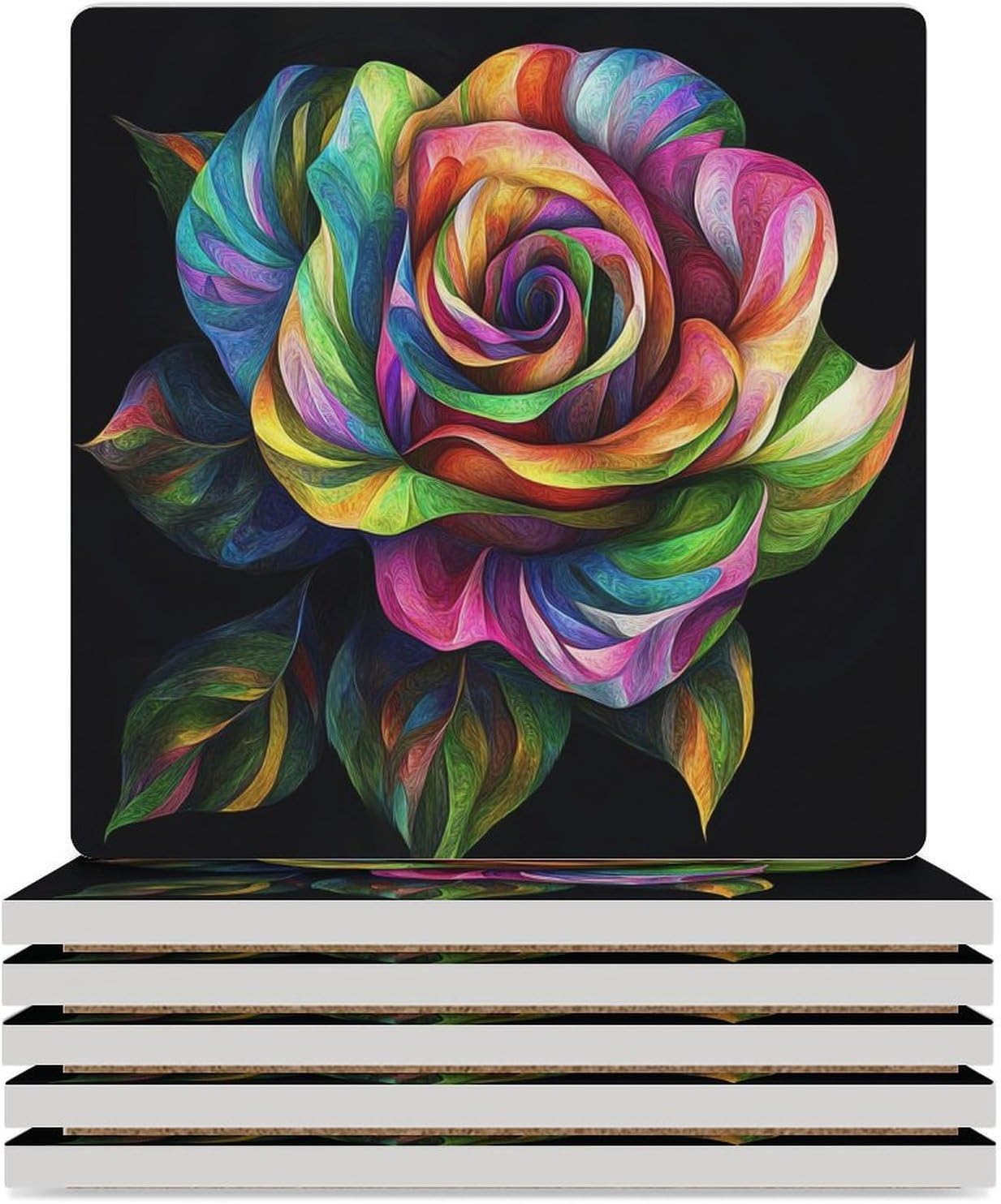 Rose Flower Ceramic Coasters Set Square Drink Coasters Table Coaster for Kitchen Desktop Decor