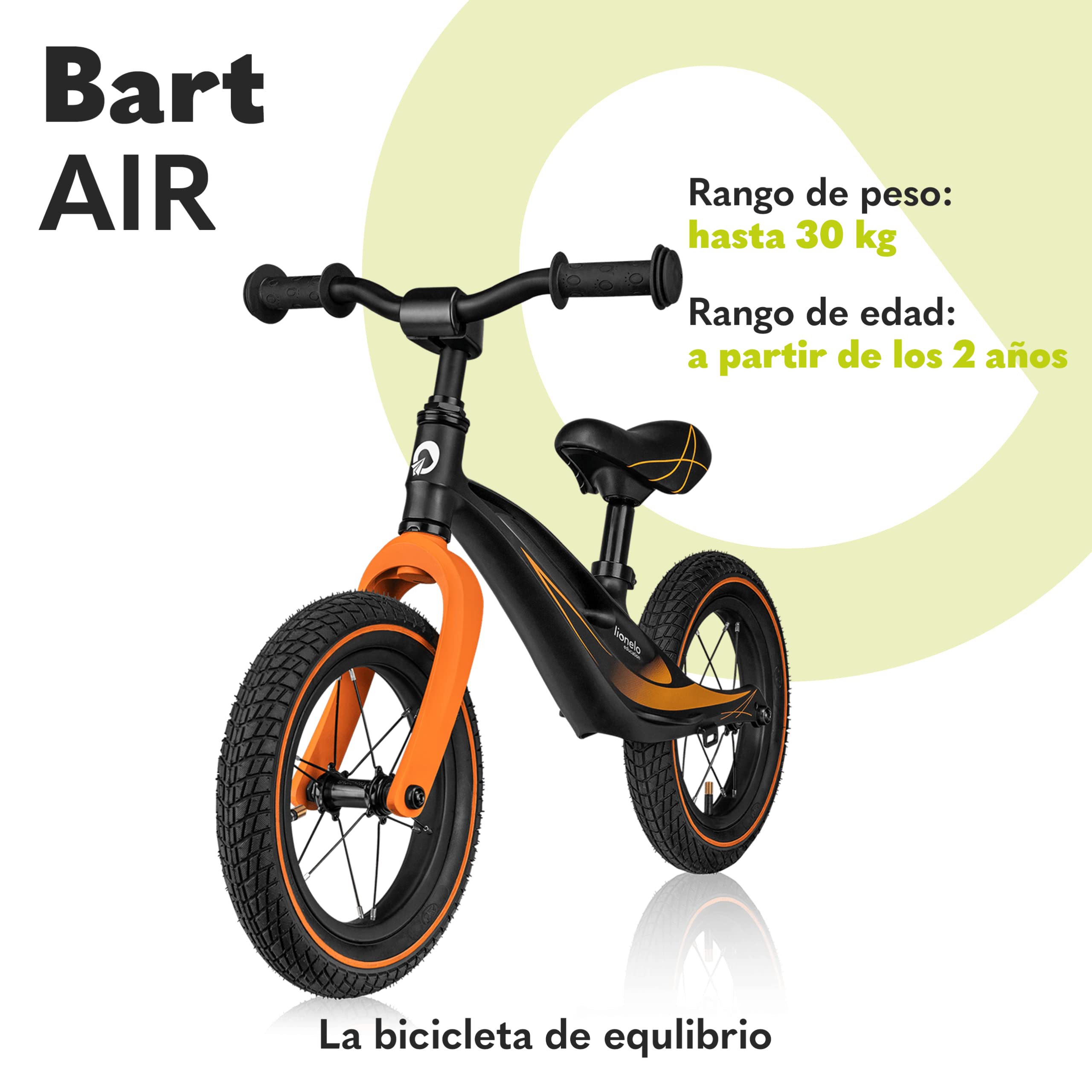 lionelo Bart Bicicleta sin Pedales de 2 años hasta 30kg, Cuadro de magnesio, al Estilo Deportivo, Ruedas 12", Altura de Manillar y sillín Regulable, Muy Robusta y Ligera (Negro, Bart Air)