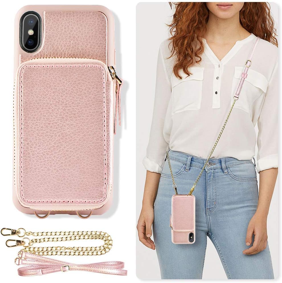 iPhone Xs Max Wallet Case, ZVE iPhone Xs Max Case with Credit Card Holder Slot Crossbody Chain Handbag Purse Wrist Zipper Strap Case Cover for Apple iPhone Xs Max 6.5 inch - Rose Gold