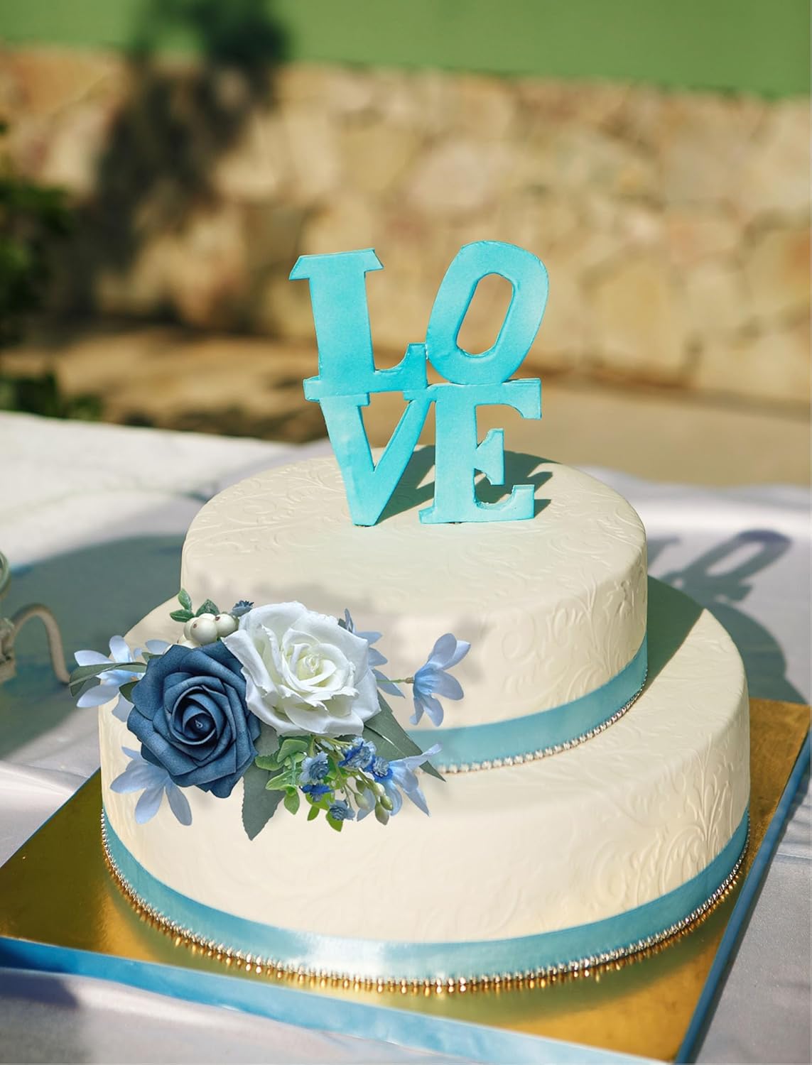 CherishedMoments 3Pcs Cake Topper Set, Wedding Artificial Flowers Decor Blue Cake Topper Decorations for Wedding Ceremony Anniversary, Wedding Home Decor,Fall Vintage Wedding
