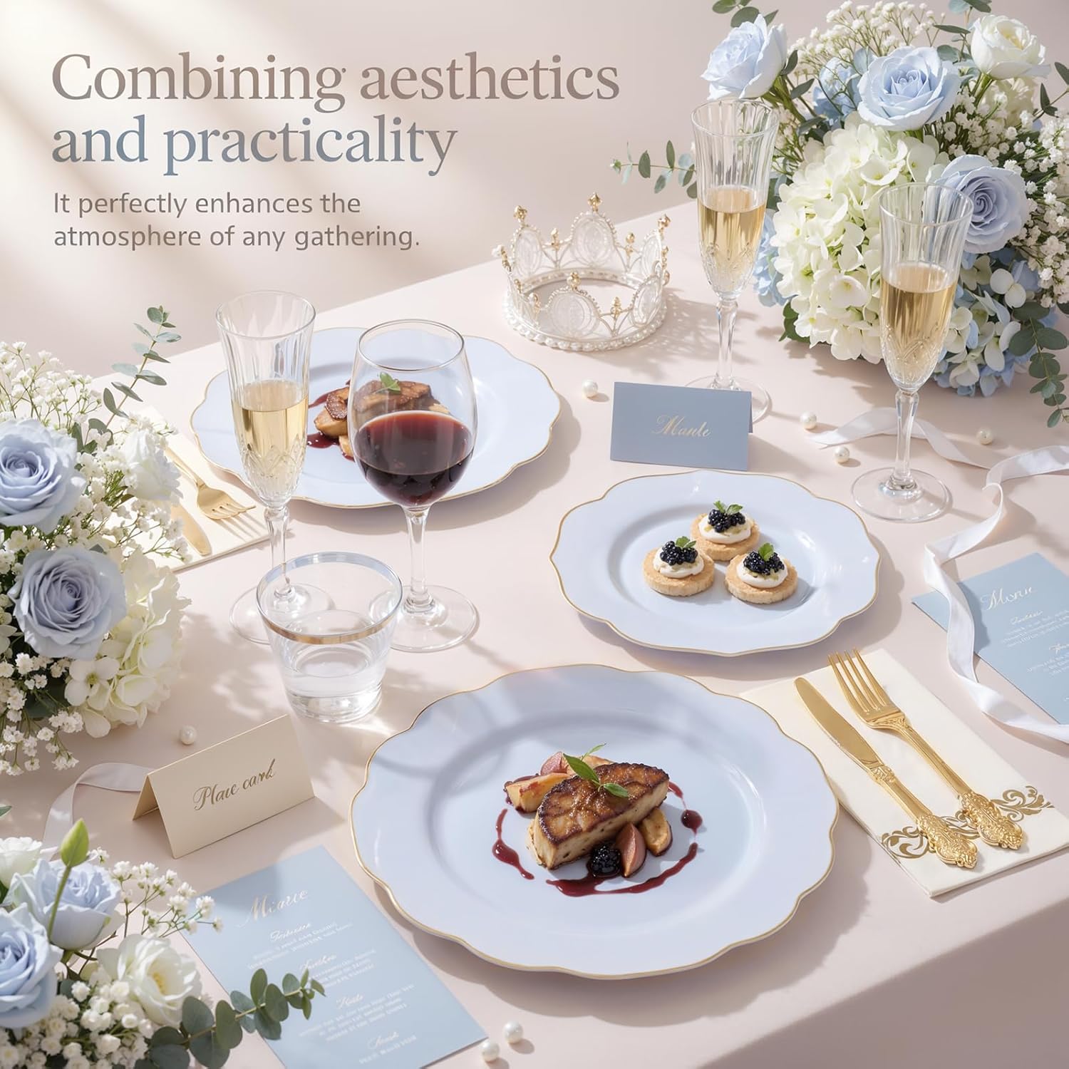 NOCCUR 175PCS Blue Plastic Plates with Gold Disposable Silverware - Include 50 Light Blue and Gold Plastic Plates,25 Knives,25 Forks,25 Spoons,25 Cups and 25 Napkins - Easter Day/Spring Party