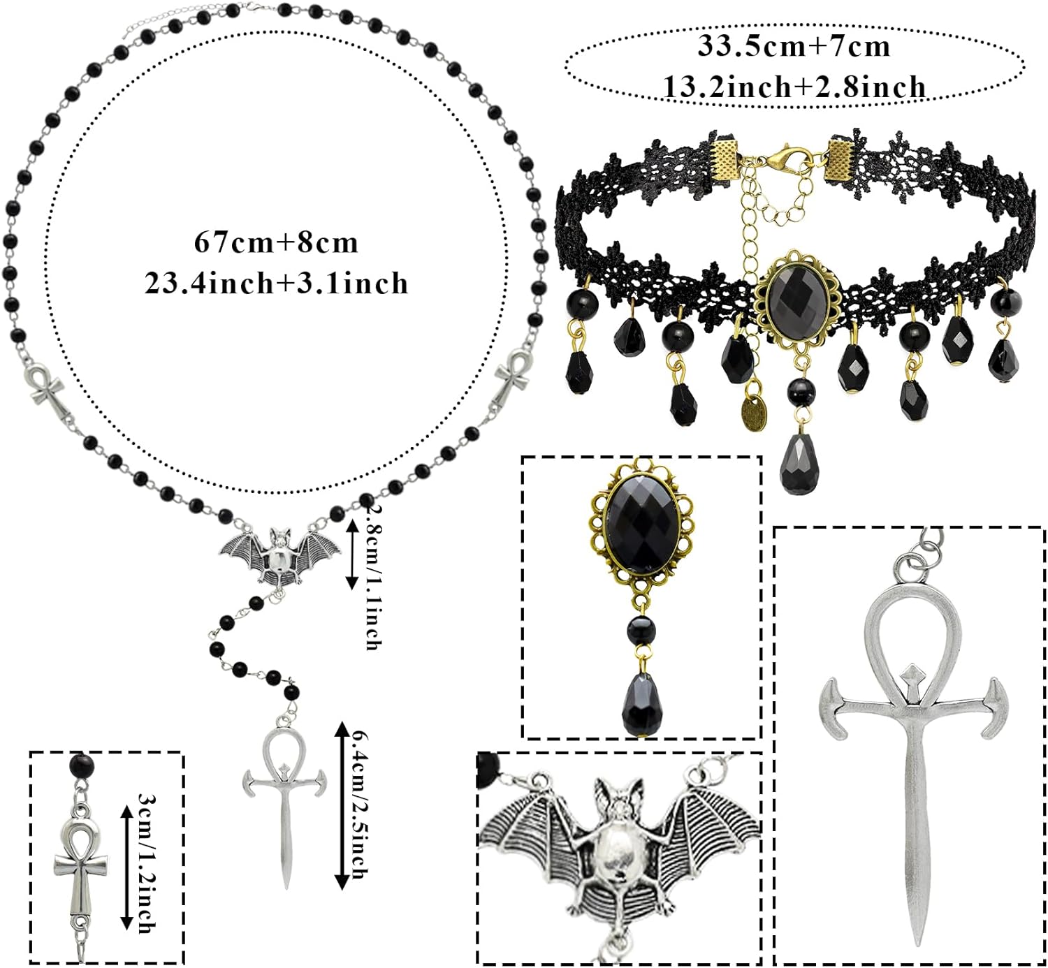 2pcs Halloween Gothic Necklaces Jewelry Set for Women Black Lace Collar Choker Ankh Cross Bat Necklace Goth Long Rosary Beads with Chunky Cross Pendant Necklace Gothic Vampire Accessory - Image 5