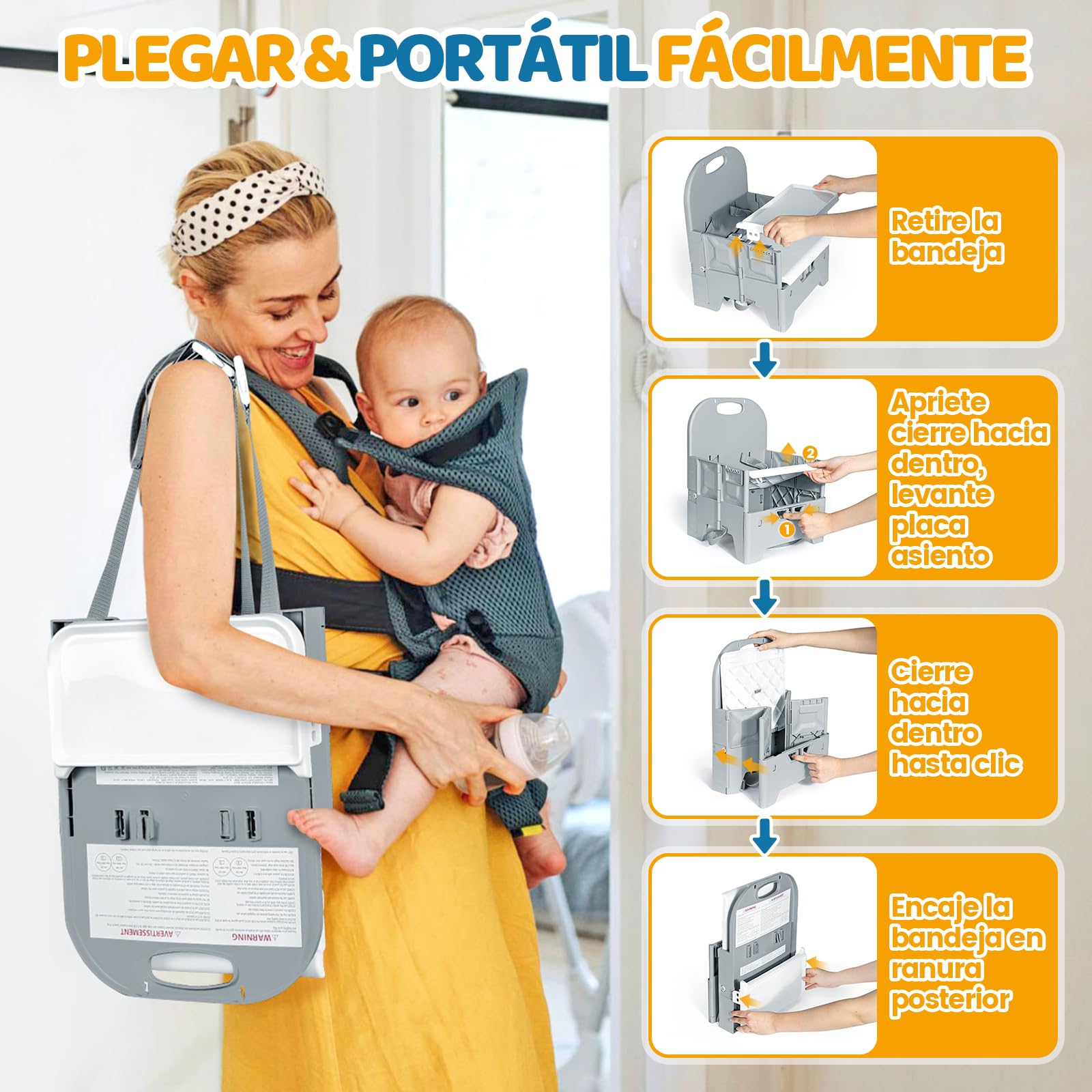 Orzbow Plegable Elevador Silla para Niños Comer,Estable Trona de Viaje Portatil con Bandeja de Comedor,Material ABS y Estructura Robusta,Fácil de Usar,para Bebés de Hasta 36 Meses y 15 kg,Gris