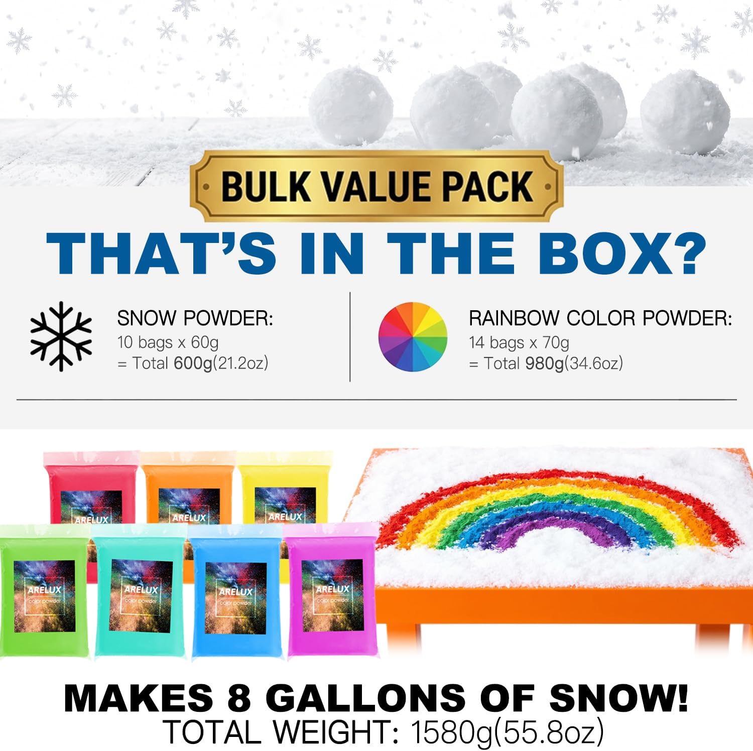 Artificial Snow Fake Instant Powder 20oz + 14 Colors Powder Make 8 Gallons Fluffy Snow Snowballs & Realistic Snowflakes Safe for Party Decor Sensory Play Making Cloud Slime Snow Globe Crafts Painting