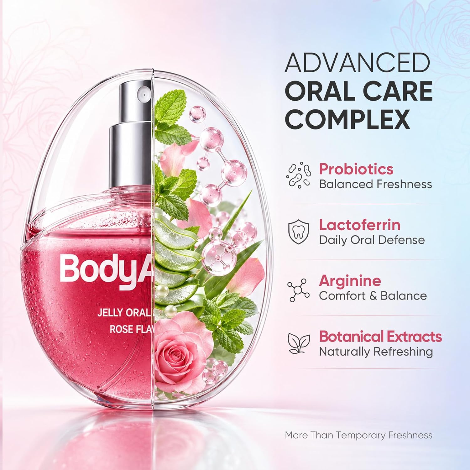 BodyAccel Jelly Oral Spray for Fresh Breath, Alcohol-Free Breath Spray with Probiotics, Refreshing Rose Mint Mouth Spray for Everyday Oral Care, Pocket Size Breath Freshener, Travel-Friendly, 28 mL image 5