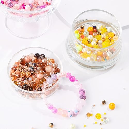 Miniatura 6 de Keip Taoun Cuentas de vidrio rosa para hacer joyas, juego de cuentas de pulsera para niñas, 1000 piezas que incluyen cuentas redondas surtidas de