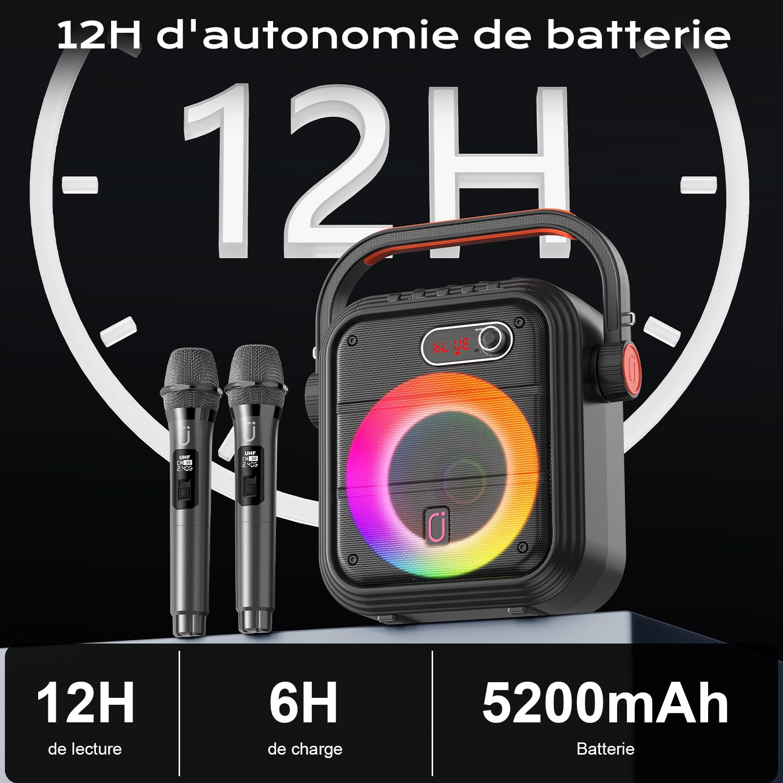 JYX Machine Karaoke avec 2 Microphones sans Fil, 90W Enceinte Karaoke Complet avec Lumières de fête, Portable Système Karaoké Support TWS/AUX/FM/USB/TF Carte