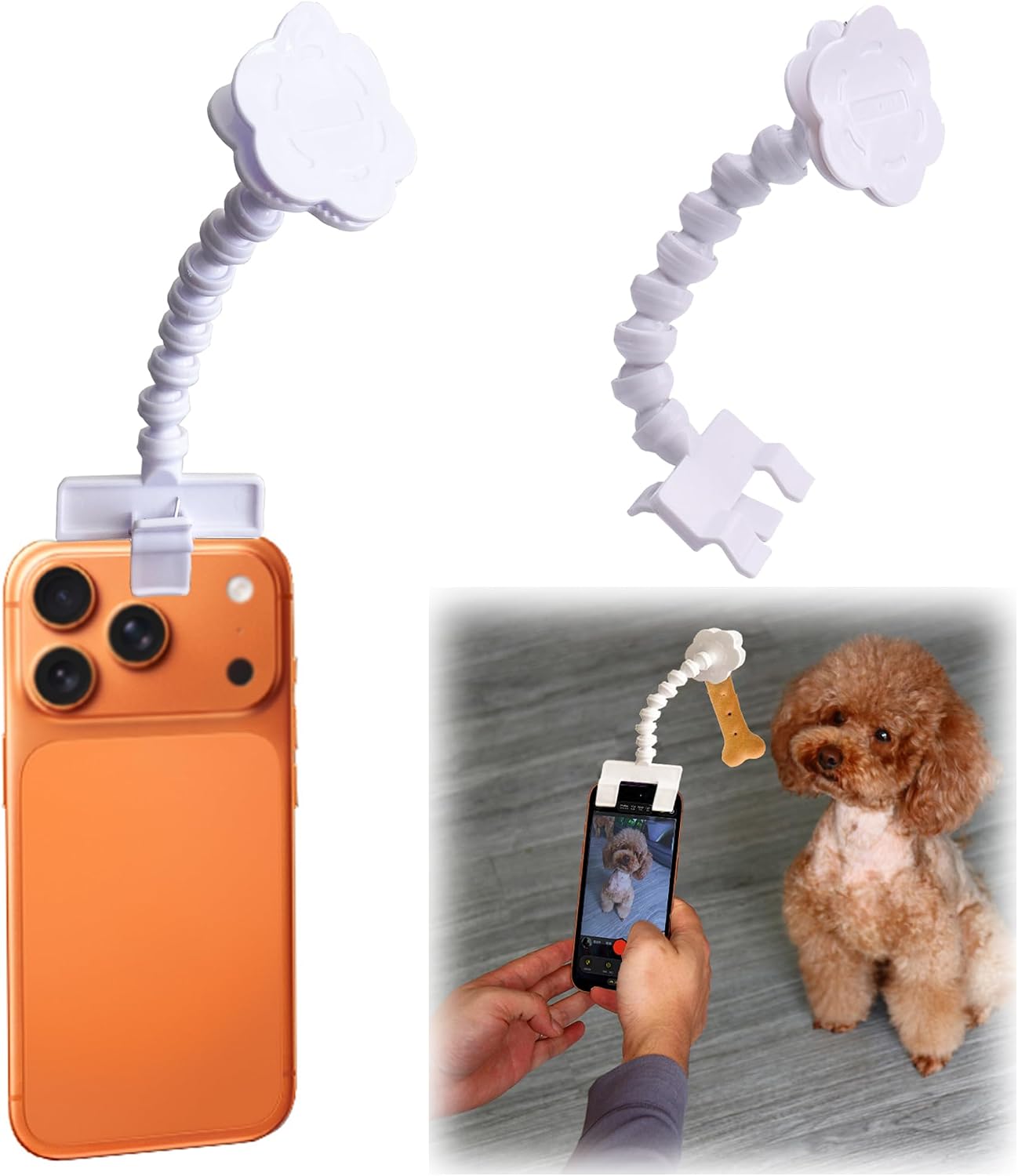 Pet Selfie Tool，Dog Treat Clip， Cat Selfie Treat Holder,Dog Looking Lens Camera Tool，Universal Selfie Stick with 360°Rotation for Pet Rods Photographing Props(White)