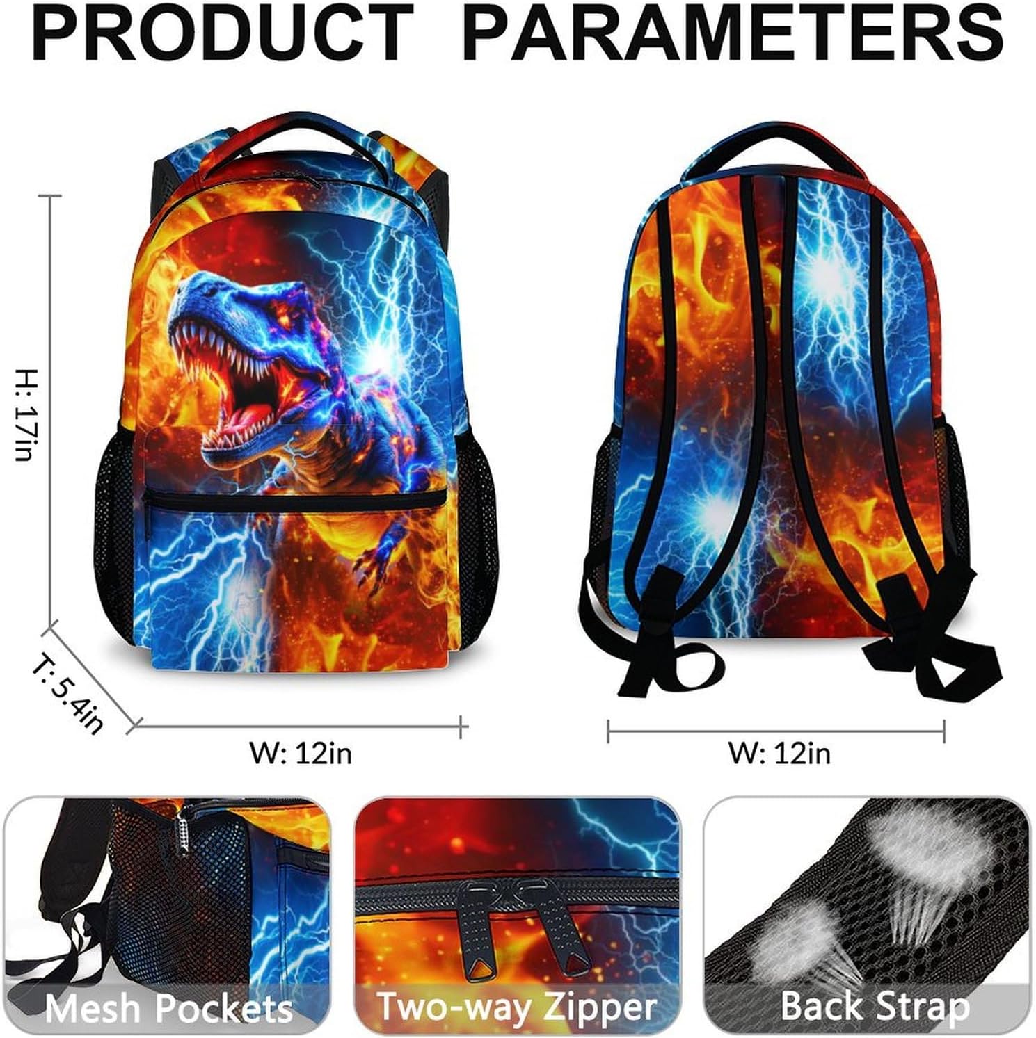 Dinosaur Backpack for Boys, Backpack for Kids Teens Kindergarten Primary Middle Senior, 17 Inch Lightweight Large Capacity Bookbag for School Travel Work - Image 3