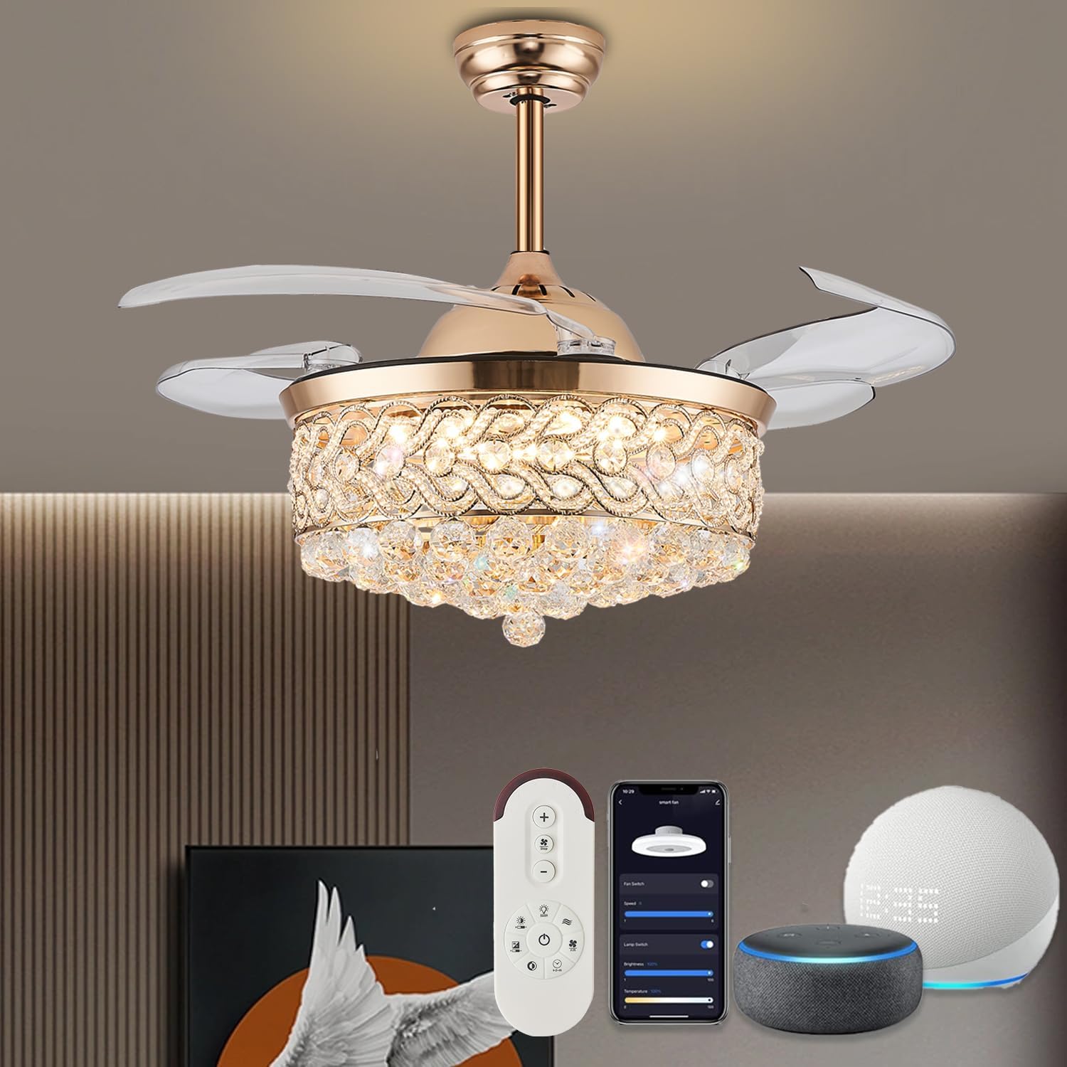 DuMaiWay 48" Alexa Ceiling Fan Smart Ceiling Fan with Light and Remote Fandelier WiFi Modern Crystal Chandelier Fan Retractable Dimmable for Bedroom Living Room