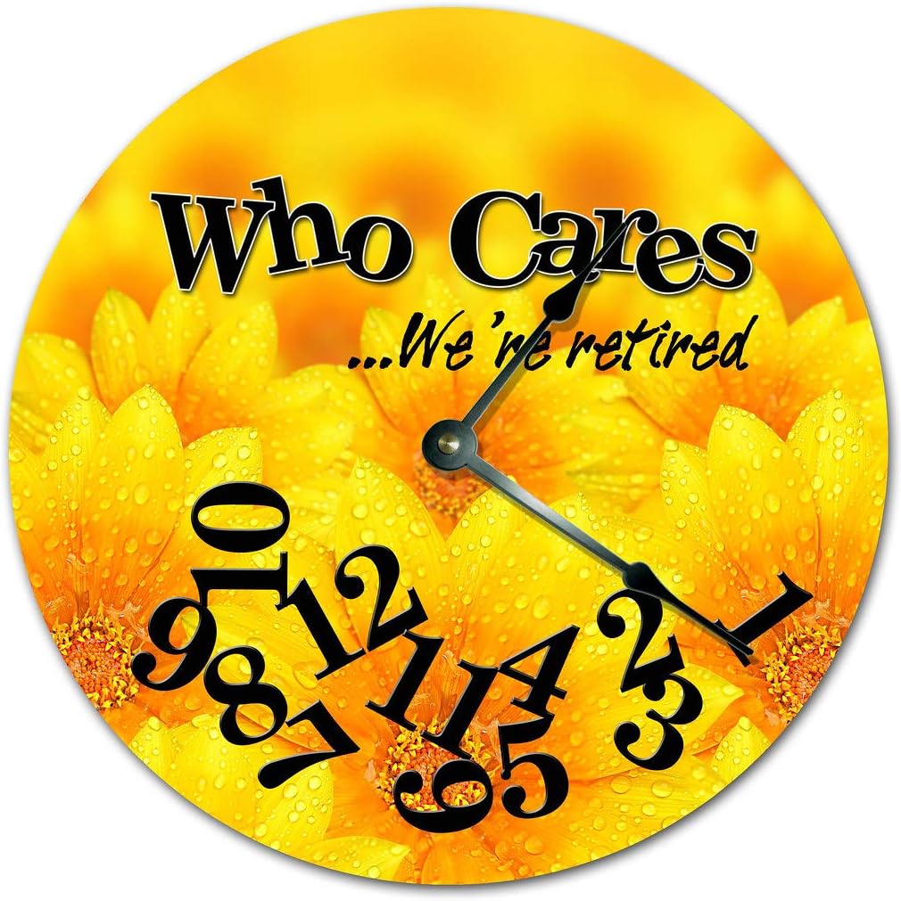 Sugar Vine Art 10.5" WHO Cares We're Retired Funny Clock Pretty Sunflower Clock
