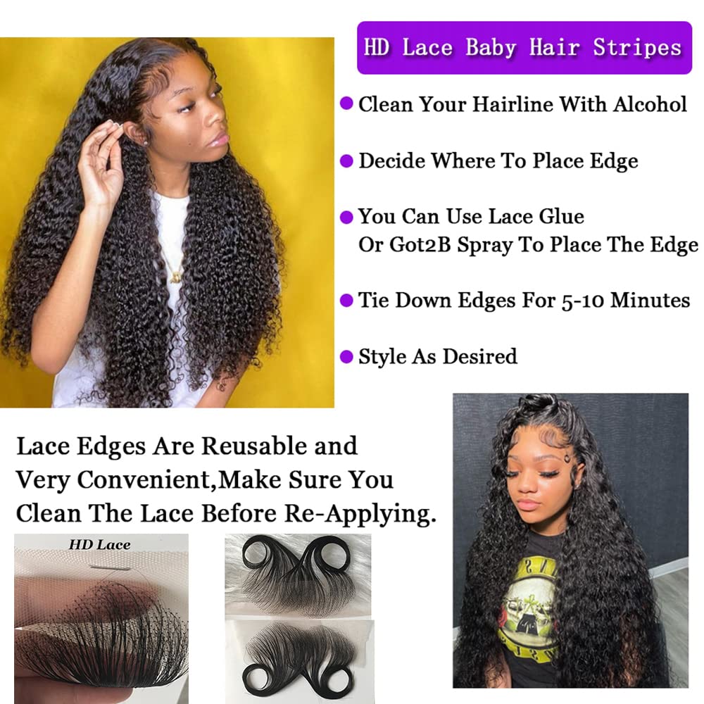 4Pcs HD Swiss Lace Baby Hair Edge Stripes Real Human Virgin Hair Reusable More Natural for Women HD Lace Hairline Baby Hair Natural Color 4Pcs