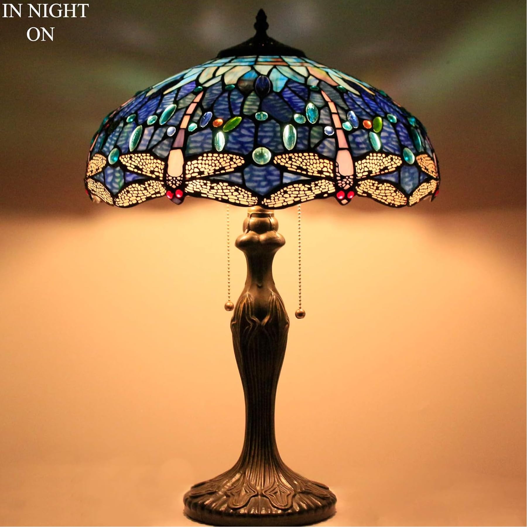 WERFACTORY Tiffany Lamp Blue Stained Glass Dragonfly Style Bedside Table Lamp 16X16X24 Inch Desk Reading Light Metal Base — view 7
