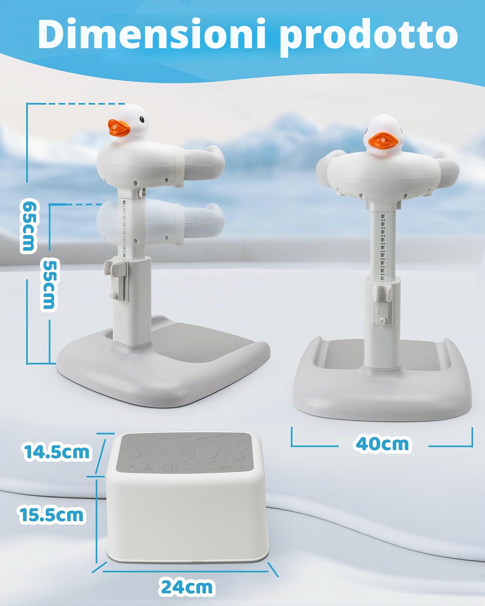 Struttura regolabile in altezza con sedile: cabina doccia con sedile per bambini dai 6 mesi in su. Base antiscivolo e design anatra