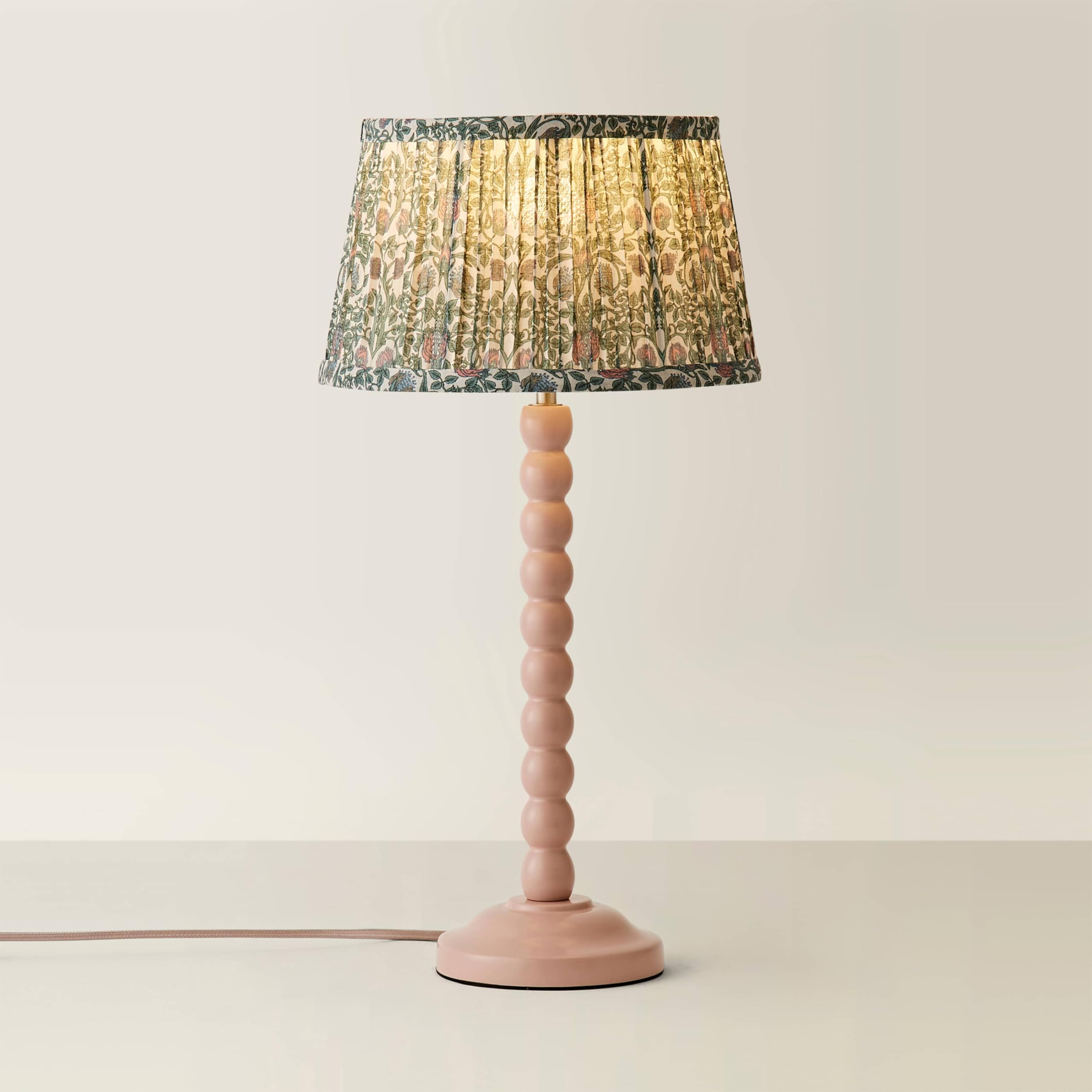 Valuelights Bobbin Pink Bobble Table Lamp With Floral Pleated Tapered Lamp Shade