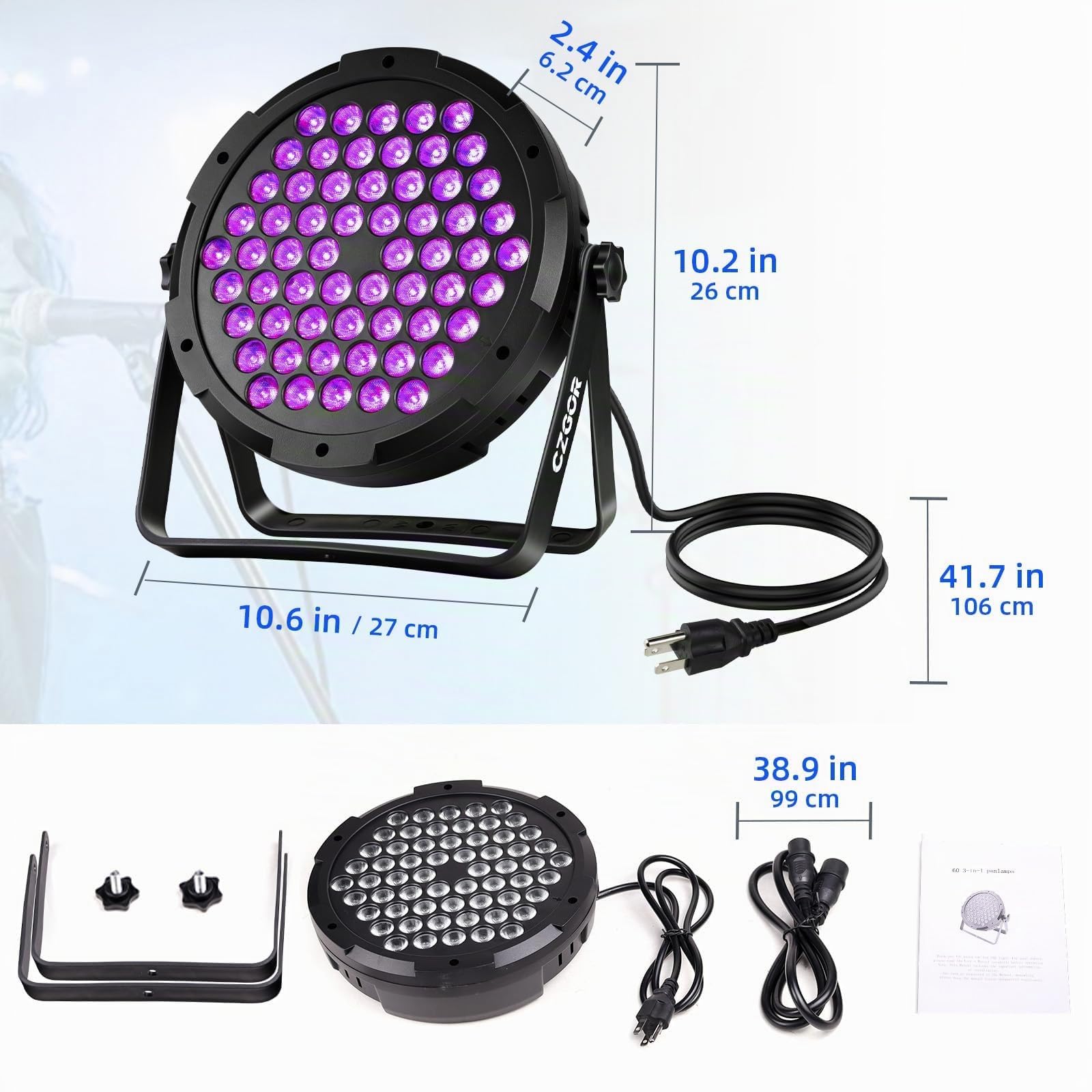 90W Par LED Luce, Czgor 60 LED Par RGB 3 in 1 Luci da Palco Senza Telecomando con 1M Cavo DMX, DMX512 7CH Discoteca Illuminazione Palco per Feste Bar DJ Discoteca Matrimonio, 2 Pezzi